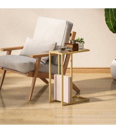 HOMCOM C-Shaped Side Table, End Table with Tempered Glass Tabletop, Gold
