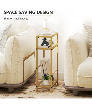 HOMCOM Slim Side Table, End Table with Tempered Glass Tabletop, Gold