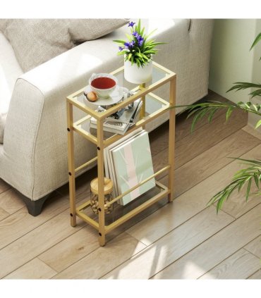 HOMCOM Slim Side Table, End Table with Tempered Glass Tabletop, Gold