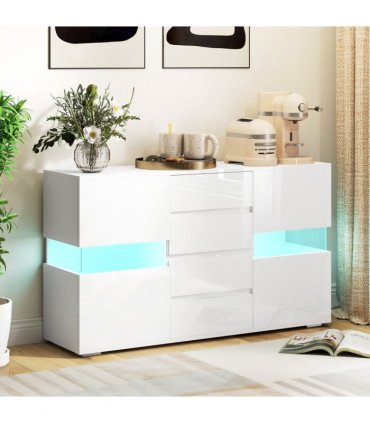 HOMCOM LED Sideboard, High Gloss Storage Cabinet with 4 Drawers, White