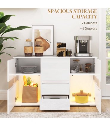 HOMCOM LED Sideboard, High Gloss Storage Cabinet with 4 Drawers, White