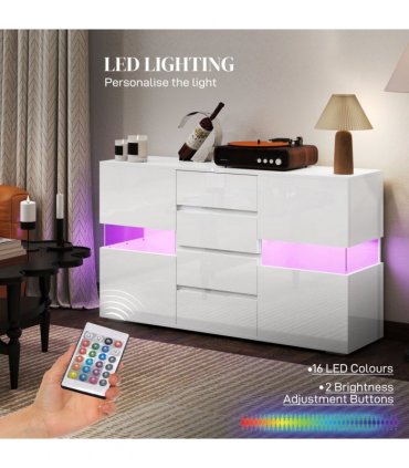 HOMCOM LED Sideboard, High Gloss Storage Cabinet with 4 Drawers, White