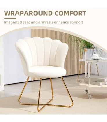 HOMCOM Accent Chair, Velvet Armchair with Lotus Backrest, Steel Legs, Cream