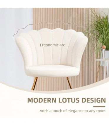 HOMCOM Accent Chair, Velvet Armchair with Lotus Backrest, Steel Legs, Cream