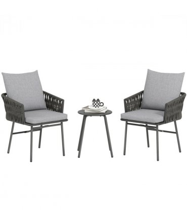 Outsunny Rattan Bistro Set, Balcony Table and Chairs with 4 Cushions, Grey