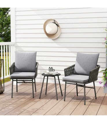 Outsunny Rattan Bistro Set, Balcony Table and Chairs with 4 Cushions, Grey