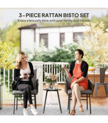 Outsunny Rattan Bistro Set, Balcony Table and Chairs with 4 Cushions, Grey