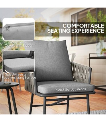 Outsunny Rattan Bistro Set, Balcony Table and Chairs with 4 Cushions, Grey