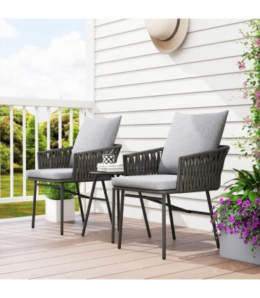 Outsunny Rattan Bistro Set, Balcony Table and Chairs with 4 Cushions, Grey