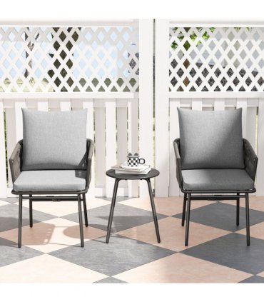 Outsunny Rattan Bistro Set, Balcony Table and Chairs with 4 Cushions, Grey
