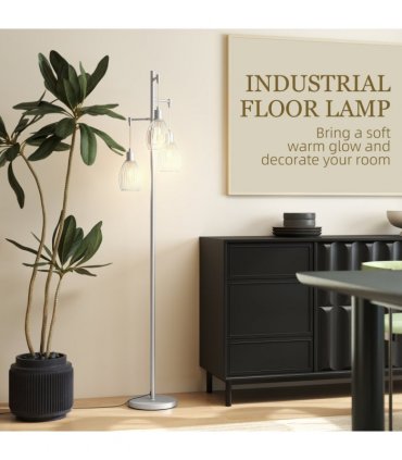 HOMCOM Industrial 3-Light Floor Lamp Dimmable Standing Lamp, Silver Tone