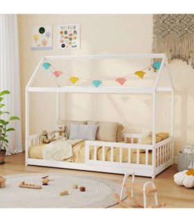 HOMCOM House-Shaped Kids Bed Frame with Safety Fence for Boys Girls, White