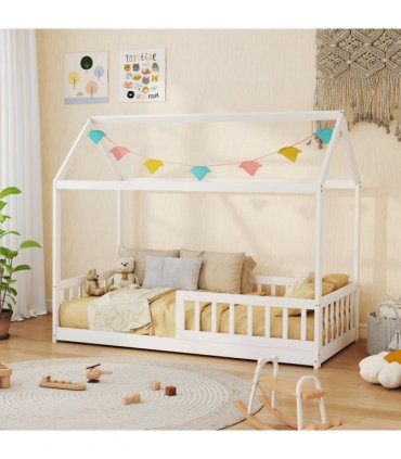 HOMCOM House-Shaped Kids Bed Frame with Safety Fence for Boys Girls, White
