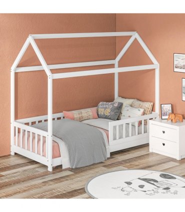HOMCOM House-Shaped Kids Bed Frame with Safety Fence for Boys Girls, White