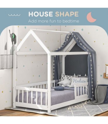 HOMCOM House-Shaped Kids Bed Frame with Safety Fence for Boys Girls, White