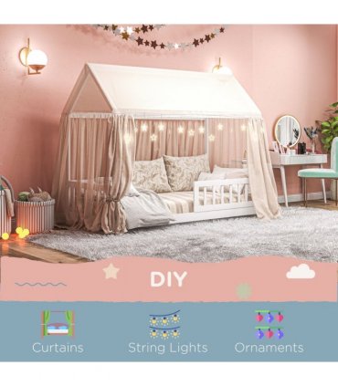 HOMCOM House-Shaped Kids Bed Frame with Safety Fence for Boys Girls, White