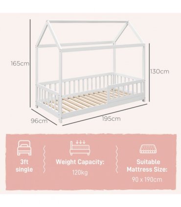 HOMCOM House-Shaped Kids Bed Frame with Safety Fence for Boys Girls, White