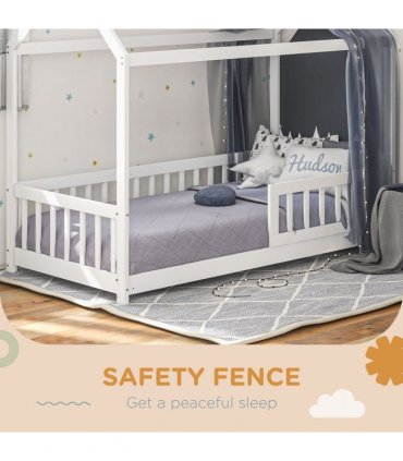 HOMCOM House-Shaped Kids Bed Frame with Safety Fence for Boys Girls, White