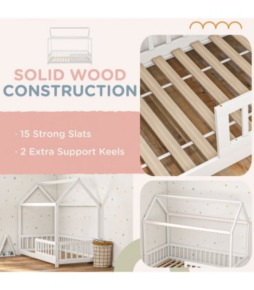HOMCOM House-Shaped Kids Bed Frame with Safety Fence for Boys Girls, White