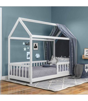 HOMCOM House-Shaped Kids Bed Frame with Safety Fence for Boys Girls, White