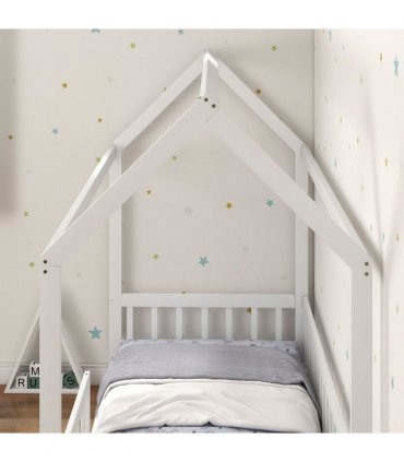 HOMCOM House-Shaped Kids Bed Frame with Safety Fence for Boys Girls, White