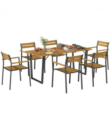 Outsunny 7 Piece Garden Dining Set with Table and 6 Stackable Chairs, Brown