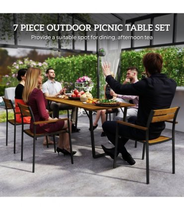 Outsunny 7 Piece Garden Dining Set with Table and 6 Stackable Chairs, Brown