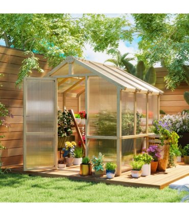 Outsunny 6.6 x 6ft Wooden Polycarbonate Greenhouse with Lockable Door, Brown