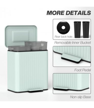 HOMCOM 2 x 20L Double Rubbish Bin, Pedal Bin with Soft-Close Lid, Green