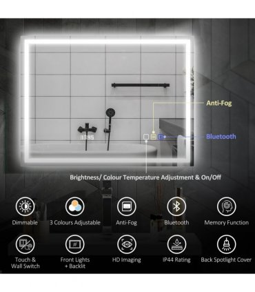 HOMCOM 600 x 800 mm Bathroom Mirror with Bluetooth Clock Lights Demister Pad