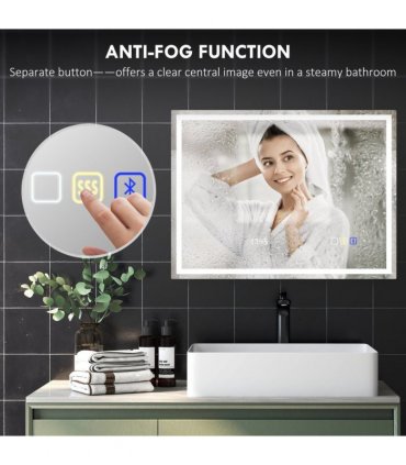 HOMCOM 600 x 800 mm Bathroom Mirror with Bluetooth Clock Lights Demister Pad