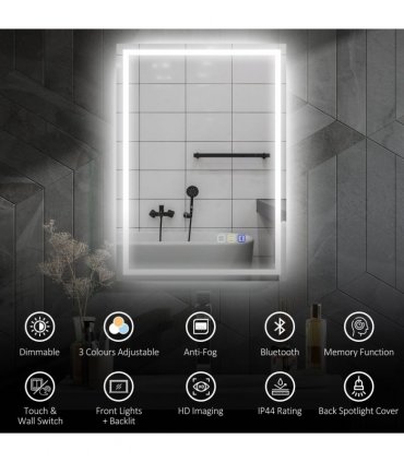 HOMCOM 500 x 700 mm Bathroom Mirror with Bluetooth Lights Demister Pad