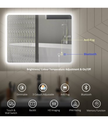 HOMCOM 600 x 800 mm Bluetooth Bathroom Mirror with LED Lights Wall Mounted