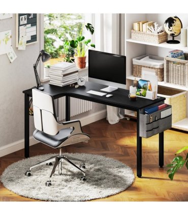 HOMCOM L-Shaped Corner Desk Computer with Fabric Bag and Hooks, Black