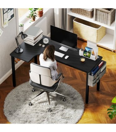 HOMCOM L-Shaped Corner Desk Computer with Fabric Bag and Hooks, Black