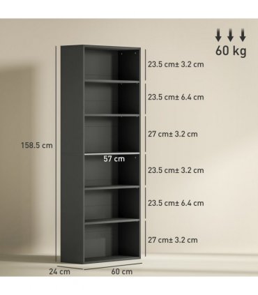 HOMCOM 6 Tier Bookshelf, Freestanding Bookcase with Adjustable Shelves, Black