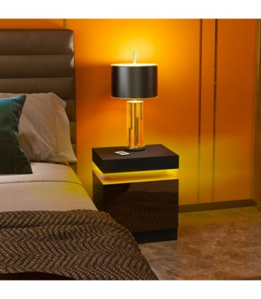 HOMCOM High Gloss Bedside Table with LED Light and 2 Drawers, Black