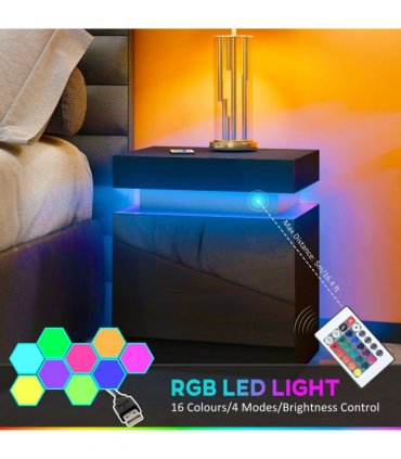HOMCOM High Gloss Bedside Table with LED Light and 2 Drawers, Black