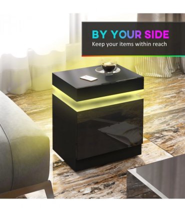 HOMCOM High Gloss Bedside Table with LED Light and 2 Drawers, Black