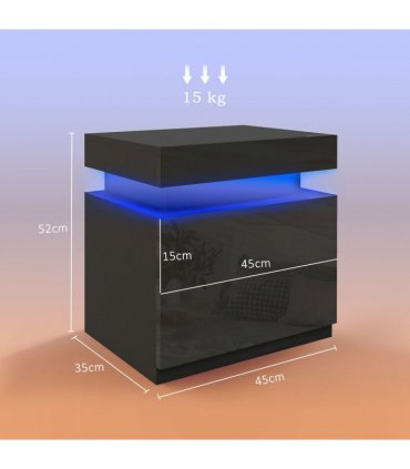 HOMCOM High Gloss Bedside Table with LED Light and 2 Drawers, Black