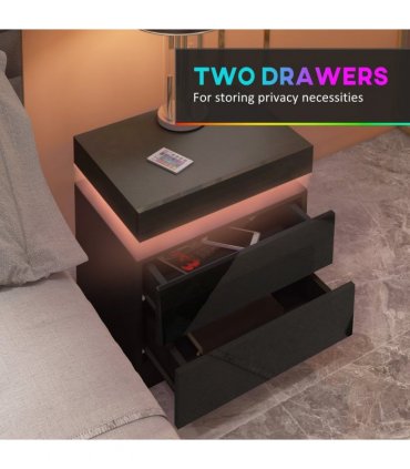 HOMCOM High Gloss Bedside Table with LED Light and 2 Drawers, Black