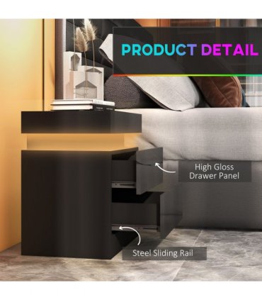 HOMCOM High Gloss Bedside Table with LED Light and 2 Drawers, Black
