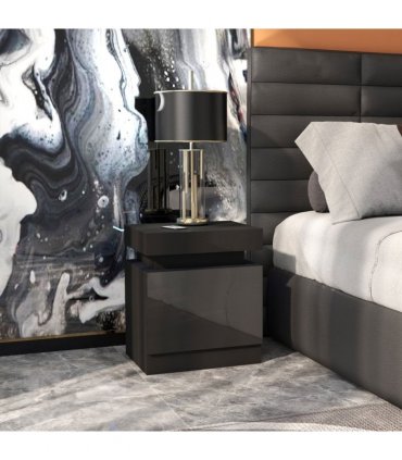HOMCOM High Gloss Bedside Table with LED Light and 2 Drawers, Black