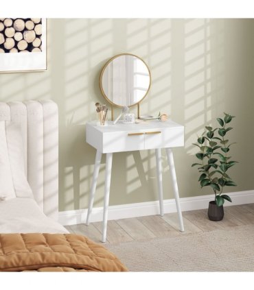 HOMCOM Modern Dressing Table w/ 2 Drawers Round Mirror for Bedroom White