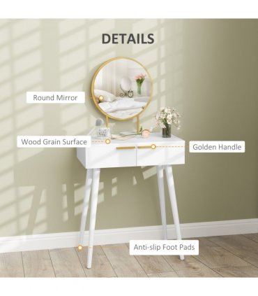 HOMCOM Modern Dressing Table w/ 2 Drawers Round Mirror for Bedroom White