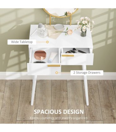 HOMCOM Modern Dressing Table w/ 2 Drawers Round Mirror for Bedroom White