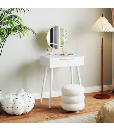 HOMCOM Modern Dressing Table w/ 2 Drawers Round Mirror for Bedroom White