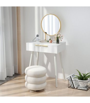 HOMCOM Modern Dressing Table w/ 2 Drawers Round Mirror for Bedroom White