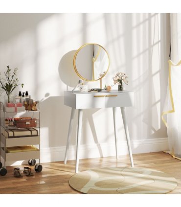 HOMCOM Modern Dressing Table w/ 2 Drawers Round Mirror for Bedroom White