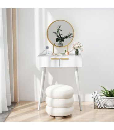 HOMCOM Modern Dressing Table w/ 2 Drawers Round Mirror for Bedroom White